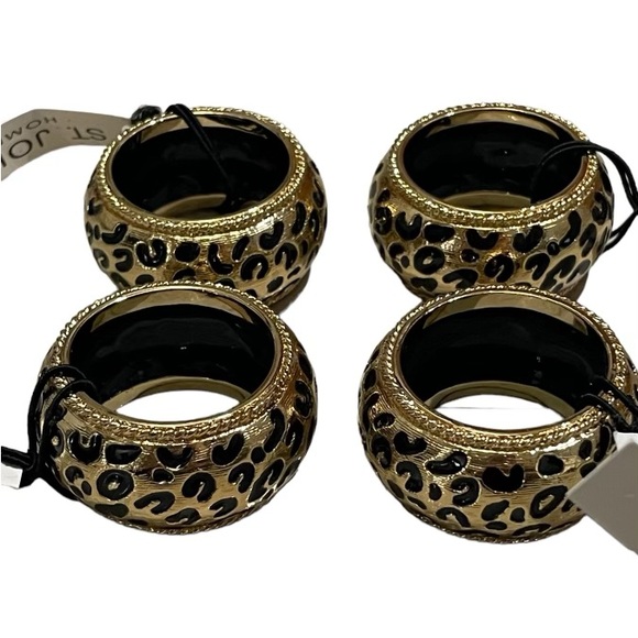 St. John Home Gold Tone Black Enamel Cheetah Print Napkin Ring Holder Set Of 4 - Picture 4 of 7